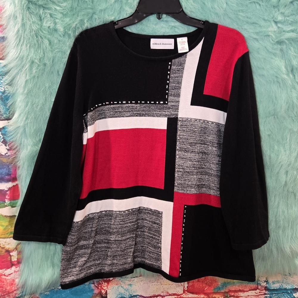 Alfred Dunner Red Gray Black and White 3/4 Sleeve Scoop Neck Sweater Size XL